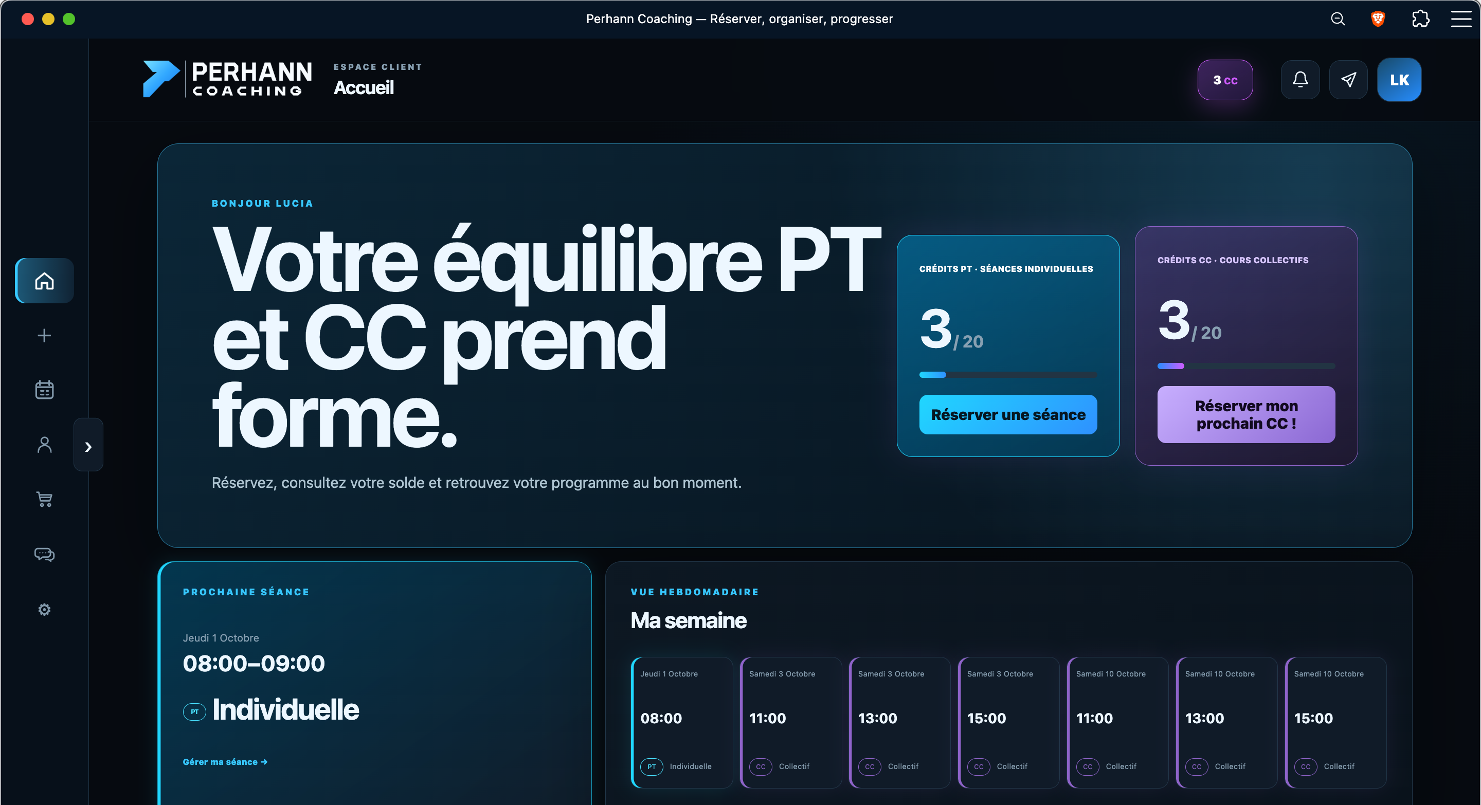 Capture de l’interface actuelle de l’application Perhann Coaching